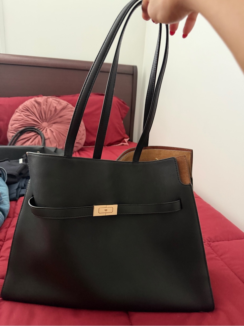 Tory Burch Black Leather Tote with Gold-Tone Toggle